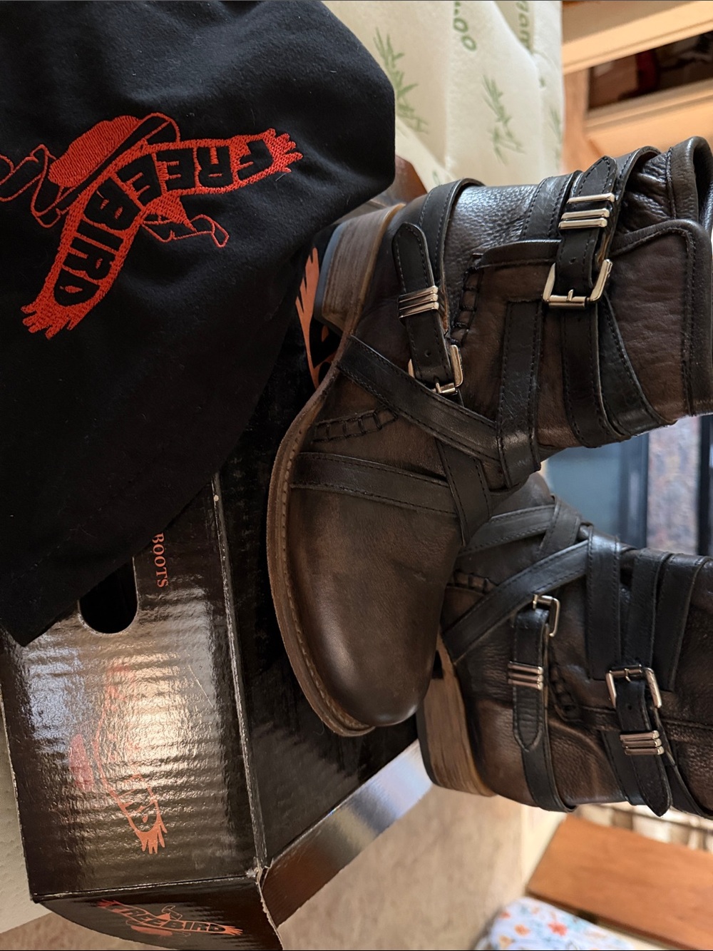 freebird Black and Red Graphic Ankle Boot Box Art